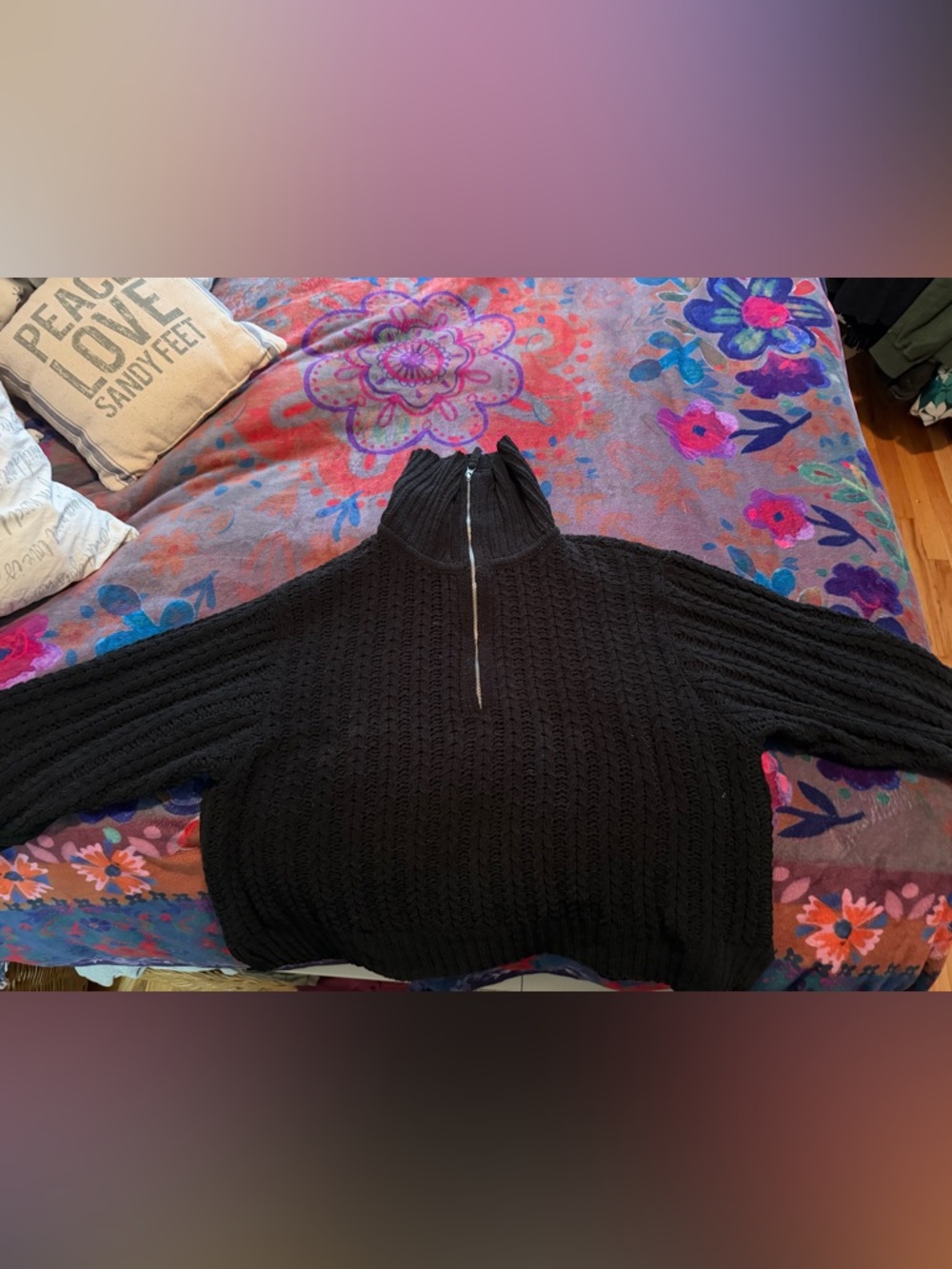 aerie Black Half‑Zip Cable Turtleneck Sweater